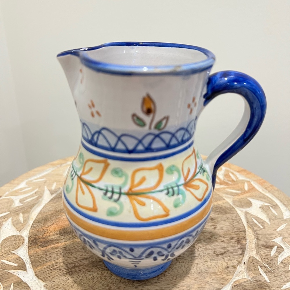 Talavera Espana Colorful Ceramic Pitcher with Blue Handle